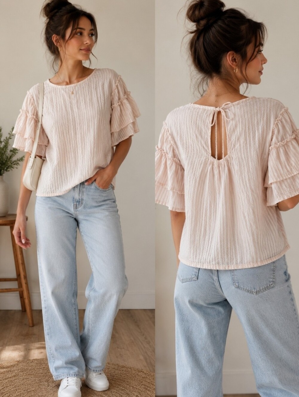 Chelsea & Theodore Light Pink Striped Ruffle Sleeve Blouse